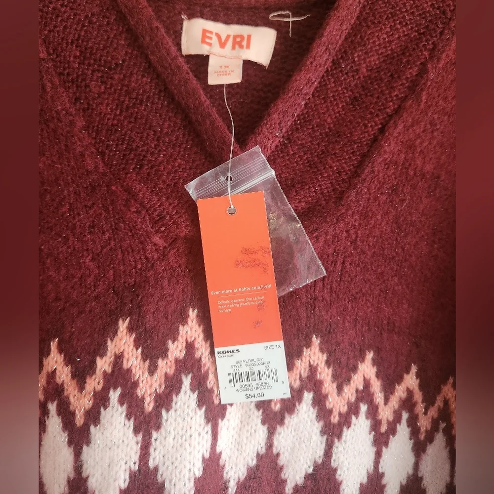 EVRI Women's V-Neck Sweater in Burgundy and White - Picture 2 of 3